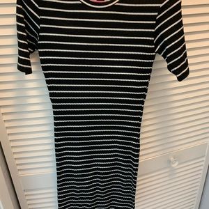 Black & white, short sleeved, striped midi dress